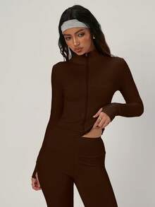PinkTip Conjunto deportivo de chaqueta y leggings elásticos de un solo color sin costuras para mujer, con pantalones suaves que dan forma, ideal para uso casual, entrenamiento, yoga, pilates, primavera - Marrón - Ver 6