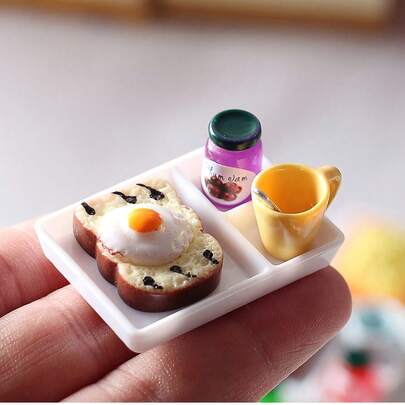 1:12 Scale Dollhouse Miniature Food Set, Tiny Toast Bread, Jam Plate & Utensils, Playfood Model
