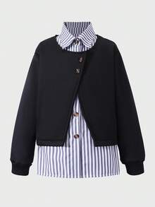 3pcs Girls Casual Striped Shirt & Grey Jacket Set, Autumn - Black - View 7