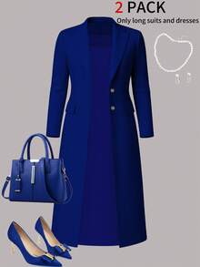 女士秋冬优雅两件套：纯色长袖开衫夹克 + 无袖中长连衣裙，时尚穿搭 - 藍色 - 查看 4