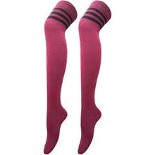 Women Thigh High Socks Cotton Warm Over The Knee High Leg Warmers Long Boot Socks With Stripes,28433042 - 酒紅色 - 查看 1