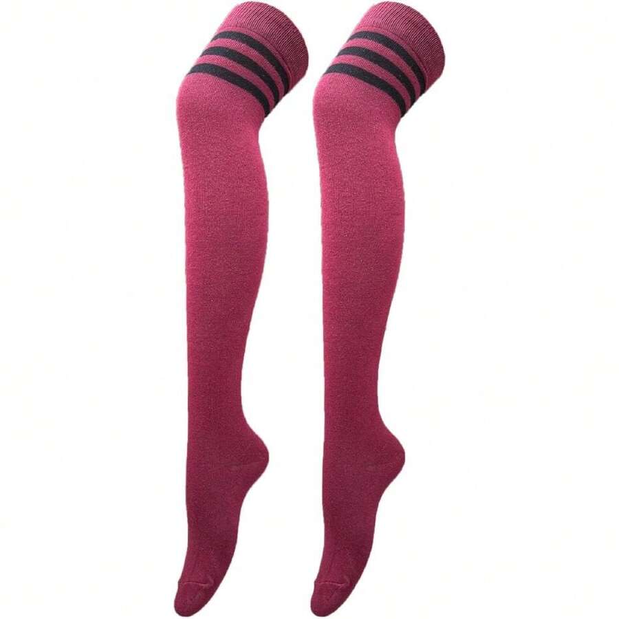 Women Thigh High Socks Cotton Warm Over The Knee High Leg Warmers Long Boot Socks With Stripes,28433042 - 酒紅色 - 查看 1