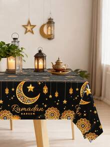 1 pieza Mantel negro y dorado Eid Mubarak, mantel desechable de PE de 220*130cm, mantel Eid Mubarak con patrón de estrellas y lunas doradas, suministros para fiestas de Eid, decoraciones de Ramadán, decoración para reuniones islámicas de Ramadán, decoraciones de Eid Al-Fitr, decoración del hogar de Ramadán, decoración de la mesa de comedor de Eid, decoración de cocina, regalo de Ramadán - oro negro - Ver 3