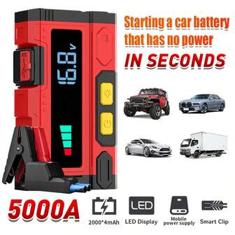 4000mAh 大功率便携式汽车应急启动电源 - 快速充电，12V/5000A 10L GAS Sel 汽车电池增压器，紧急点火，兼容多种设备，适用于轿车、摩托车、卡车、SUV，配备应急锤和 LED 手电筒