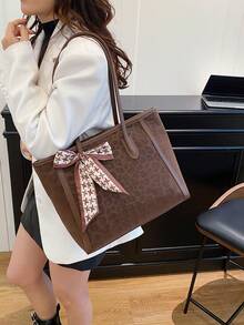 时尚纯色丝巾装饰PU手提包，大容量通勤复古简约单肩包，百搭手提包，适合女性 - 棕色 - 查看 3