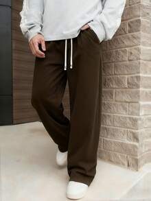 男士抽绳腰宽松阔腿休闲运动裤，秋冬款 - 咖啡棕 - 查看 2