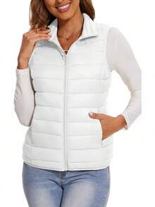 2026 Women's Essential Warm Vest  Lightweight Quilted Puffer Vest Sleeveless Stand Collar Zip-Up Padded Outerwear Gilet ,Classic Versatile For Seasonal Outdoor Use - 卡其色 - 查看 6
