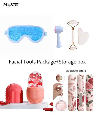 6pcs Beauty Tool Set: Ice Ball, Energy Ice Wave Ball, Perfume Refillable Bottle, Face Gua Sha Roller, Facial Cleansing Brush, Makeup Tool Storage Box