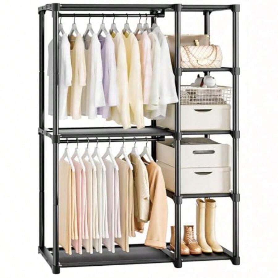 Mavivegue 4Tier Portable Closet With Shelves Hanging Rod Ideal For Bedroom Storage Dorm Room Organization Easy Assembly Clothing Rack With Adjustable Shelves For Clothes Shoes Accessories Compact Design For Small Spaces - màu đen - Xem 1