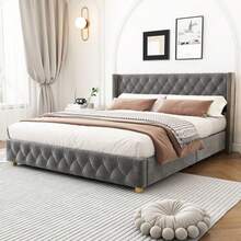 Upholstered Bed 140*190cm With Slatted Base And Headboard, Button Upholstery, Rivet Upholstery, Wooden Legs, Linen, Beige - Grey + Velvet + 140cm*190cm - View 8
