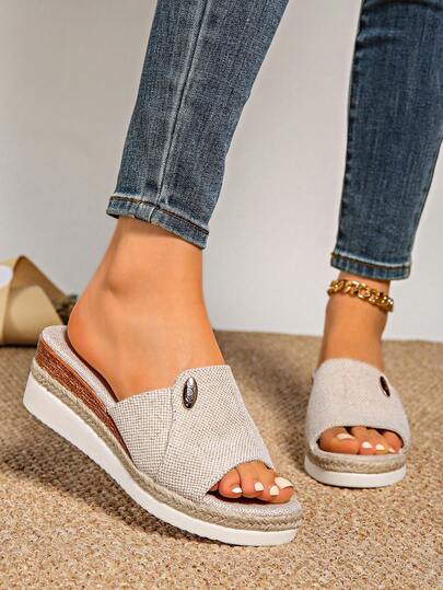 Summer Vacation Style Woven Bottom Wedge Sandals For Women, Fashion New Buckle Design High Heel Platform Espadrille Shoes, Thick Bottom Straw Rope Woven Slippers