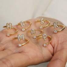 Conjunto de anillos con diseño de 26 letras con zirconia, anillo abierto con diseño lindo y burbujas - Dorado - Ver 2