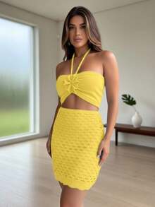 Conjunto Tricô Modal Cropped Saia Curto Verão Moda Elegante - Amarelo - Visão 3