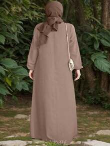 Plus Size Arabic Style Long Sleeve Round Neck Woven Robe, Long Regular Hem With Pockets, Dignified And Elegant Abaya Robe Spring - Khaki - View 3