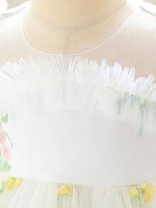 Baby Girls Puff Sleeve Embroidered Tulle Cute Birthday Party Dress, Suitable For Flower Girl, Wedding, Fabric & Floral Pattern Randomly Cut, Headband Not Included - White - View 7