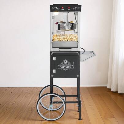 Popcorn Machine With Cart, 8oz Stainless Steel Kettle, 800W Commercial Popcorn Maker, 48 Cups Per Batch Theater Style Popper, With 2-Button Control Glass Wall PC Door 1 Scoop 3 Spoons, Black