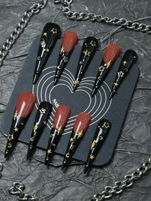 CrystalHola Unhas de Natal, 10 peças de unhas postiças artesanais, unhas francesinhas, unhas estilete, unhas pretas longas e pontiagudas com detalhes dourados, unhas brilhantes para as festas, unhas discretas e luxuosas, estilo anos 2000, adequadas para festivais de música, festas e uso diário, outono/inverno, um ótimo presente para meninas e mulheres, unhas de Ano Novo.