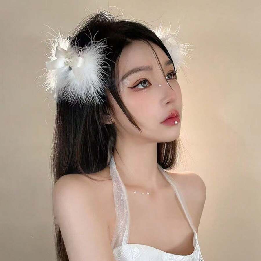 1pc/2pcs Christmas Bow Hair Clips, Fashion Cute Plush Feather Bow Ribbon Hair Accessories For Women, Party/Holiday Costume, Suitable As Christmas Gifts For Family And Friends, Claw Clips, Hair Slide, Hair Barrettes, Winter