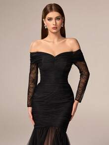 VIPGIRL 优雅奢华黑色长袖露肩多层网纱正式晚礼服，喇叭裙摆连衣裙，适合婚礼、春季派对 - 黑色 - 查看 10