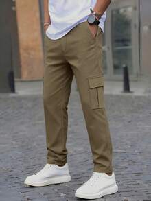 1件青少年男孩簡約戶外運動多口袋運輸褲，春秋季節使用 - 卡其色 - 查看 5