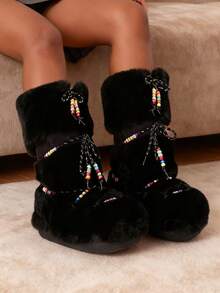 Faux Fur Snow Boots For Women Fuzzy Fluffy Furry Lace Up Mid Calf Boots Winter Warm Fur Boots For Christmas - 黑色3 - 查看 6