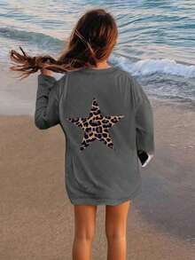 Tween Girl Leopard Print Star Graphic Round Neck Long Sleeve T-Shirt, Autumn/Winter Top - Dark Grey - View 6
