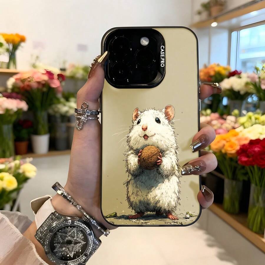 Cubierta de teléfono con diseño de rata blanca sosteniendo nuez color beige para iPhone funda protectora con estampado animal divertido ideal para uso diario y regalos Aplicable a los teléfonos de la serie Apple y Galaxy - Negro - Ver 1