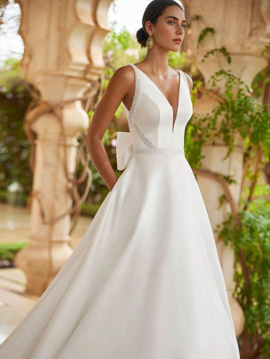 Elegant V-Ncek Beaded Satin Wedding Gown - Perfect For Christmas, Halloween, Weddings, Proms & Birthdays - trắng - Xem 1