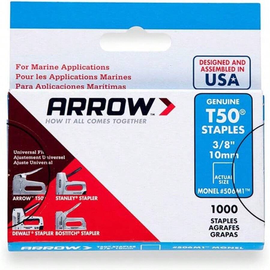 Arrow Fastener 506M1 Heavy Duty T50 Monel Staples For Marine Applications 3 8Inch Leg Length 3 8Inch Crown Size 1000Pack Made In The USA - Stainless - View 1