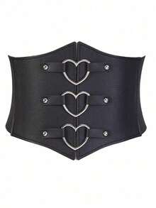 1pc Women's Dark Fashion PU Leather Elastic Corset Belt With Heart Decor, Versatile For Halloween, Renaissance Outfit - Black - View 2