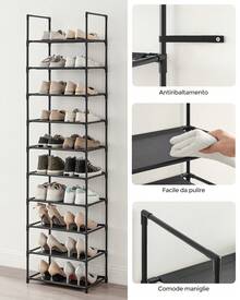 Scarpiera, 10 Ripiani, Scaffale Portascarpe, Organizzatore per Scarpe, 28 x 45 x 173 cm, Telaio in Metallo, Ripiani in Tessuto, Ingresso Corridoio Camera da Letto, Nero - nero - Visualizzare 3