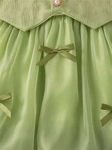 Baby Girls' Floral Bow Decor Long Sleeve Princess Dress, Knitted Patchwork 2 In 1 Sweet Party Dress For Spring/Autumn - Green - View 4