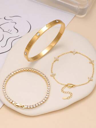 多件套不锈钢锆石手链，高端闪亮锆石手链，适合女性日常佩戴的珠宝