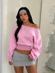 Áo nỉ hở vai màu hồng ngọt ngào và nóng bỏng, áo thun tay dài ôm eo ngắn kiểu dáng rộng rãi - Hồng - Xem 5