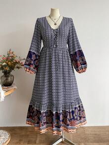 Rusttydustty Vestido largo vintage azul de estilo bohemio para fiesta del té para mujer de talla grande, con dobladillo contrastante - Azul - Ver 6