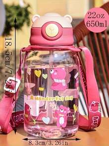 1pc 650ml Cartoon Bear Straw Water Bottle, Shatterproof Plastic Cup For Children, Preschool, Elementary Students, Nursery, School Water Bottle (Strap Needs To Be Installed Separately) - Multicolor - View 5