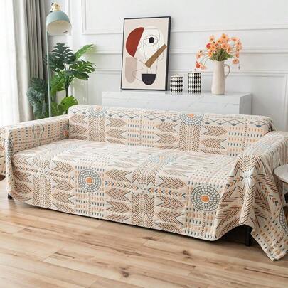 Cotton Couch Cover Washable Boho Reversible Throw Sofa Cover Geometric Jacquard Multi-Use Furniture Protector For 2 Cushion Sectional L Shaped Sofa Bed Boho Home Decor 79" X 102"