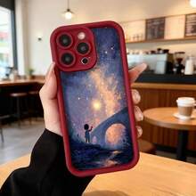 Funda para teléfono con borde negro estampado de galaxia y silueta de niño bajo cielo estrellado ideal para uso diario en cafeterías y espacios urbanos Aplicable a los teléfonos de la serie Apple y Galaxy - Burdeos - Ver 2