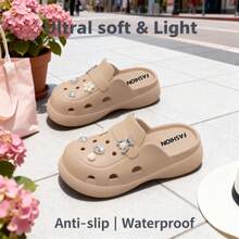 ASOFTER Women's Cartoon Cute Rhinestone Bear Design Casual Slip-On Sandals, Suitable For Outdoor & Indoor, Thick Sole, Non-Slip, Beach Shoes, Christmas Gift - Khaki - View 3