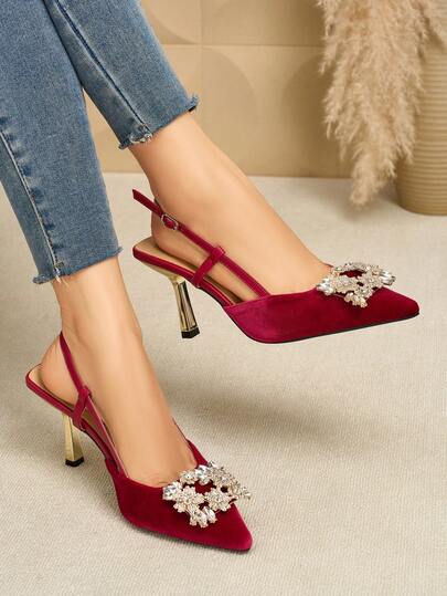 SVRM Women's Pointed Toe Velvet Metallic Embellished Stiletto Heel Slingback Dress Pumps, Elegant For Work And Social Occasions