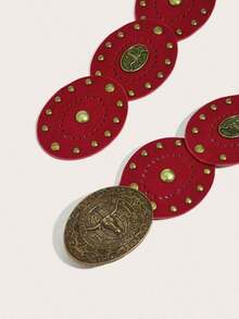 1pc Women's Heart Patchwork Rivet Decor Western Retro Waist Belt Accessory, American Vintage Style In Stock - Coffee - View 4