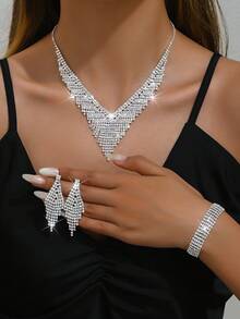 Fashionable Bridal Jewelry Set - Rhinestone Necklace, Earrings, Bracelet, Elastic Ring (Multiple Styles Available For Matching) - White - View 17