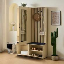 Combined Wardrobe With Mirror And Bench – Modern Hallway Furniture Set With Extendable Clothes Rail, Shoe Rack, 4 Hooks And Upholstered Bench - Wood - View 3