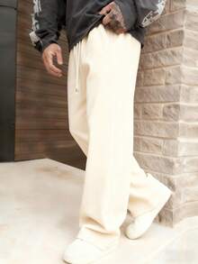 男士抽绳腰宽松阔腿休闲运动裤，秋冬款 - 杏色 - 查看 5