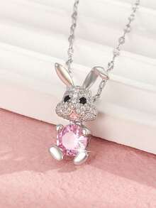 1 pieza Delicado colgante de conejo de tono plateado con incrustaciones de cobre y circonita rosa, accesorio para adolescentes y viajeros, regalo para familiares y amigos, recuerdo - Plateado - Ver 2