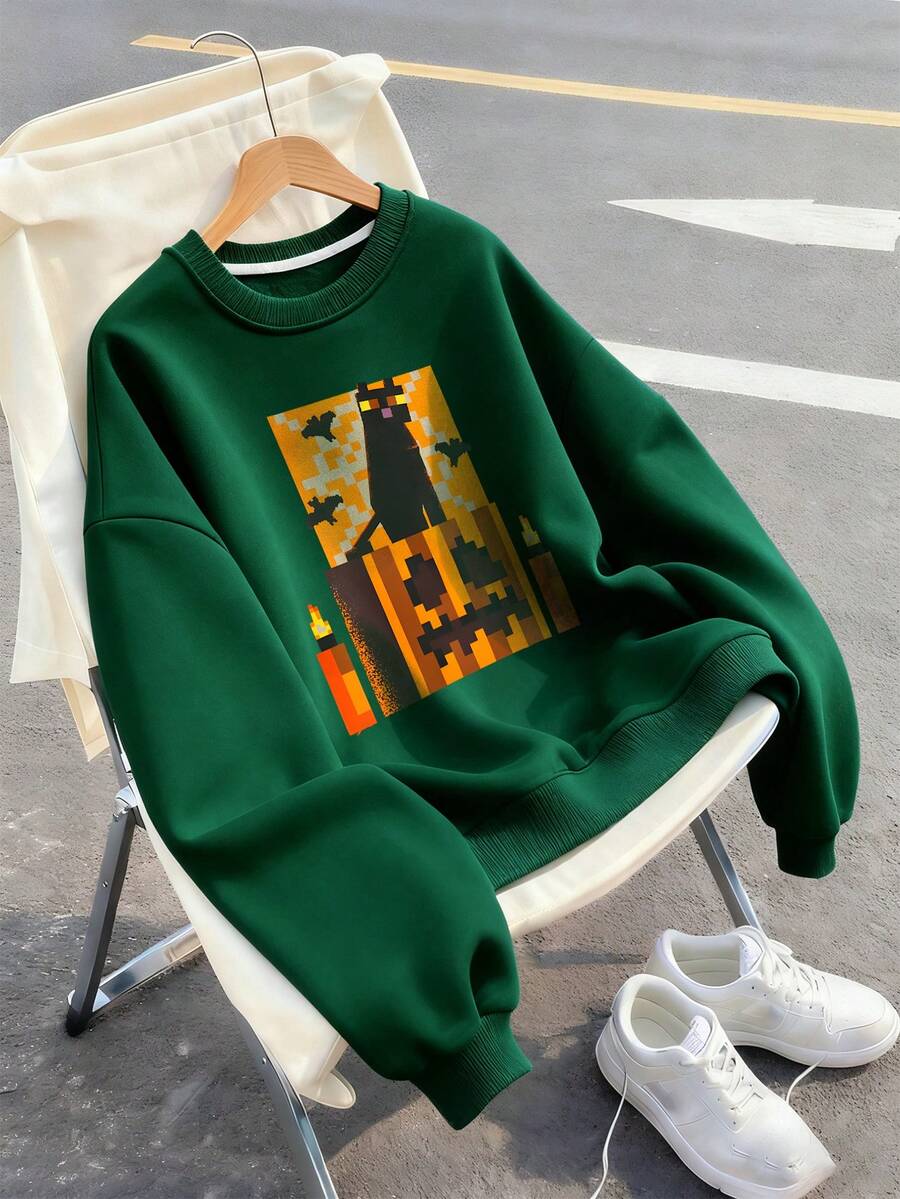 1件装 男童休闲简约卡通印花连帽衫 长袖卫衣 适合秋冬季节，青少年学生穿着 - 墨綠色 - 查看 1