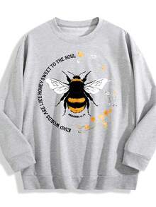 Bee Print Sweatshirt, Long Sleeve Crew Neck Casual Sweatshirt For Fall & Spring, Women's Clothing Christmas Outfit Women Christmas Sweatshirt Fall Clothes For Women Winter Clothes For Women Christmas Decor - 灰色 - 查看 1