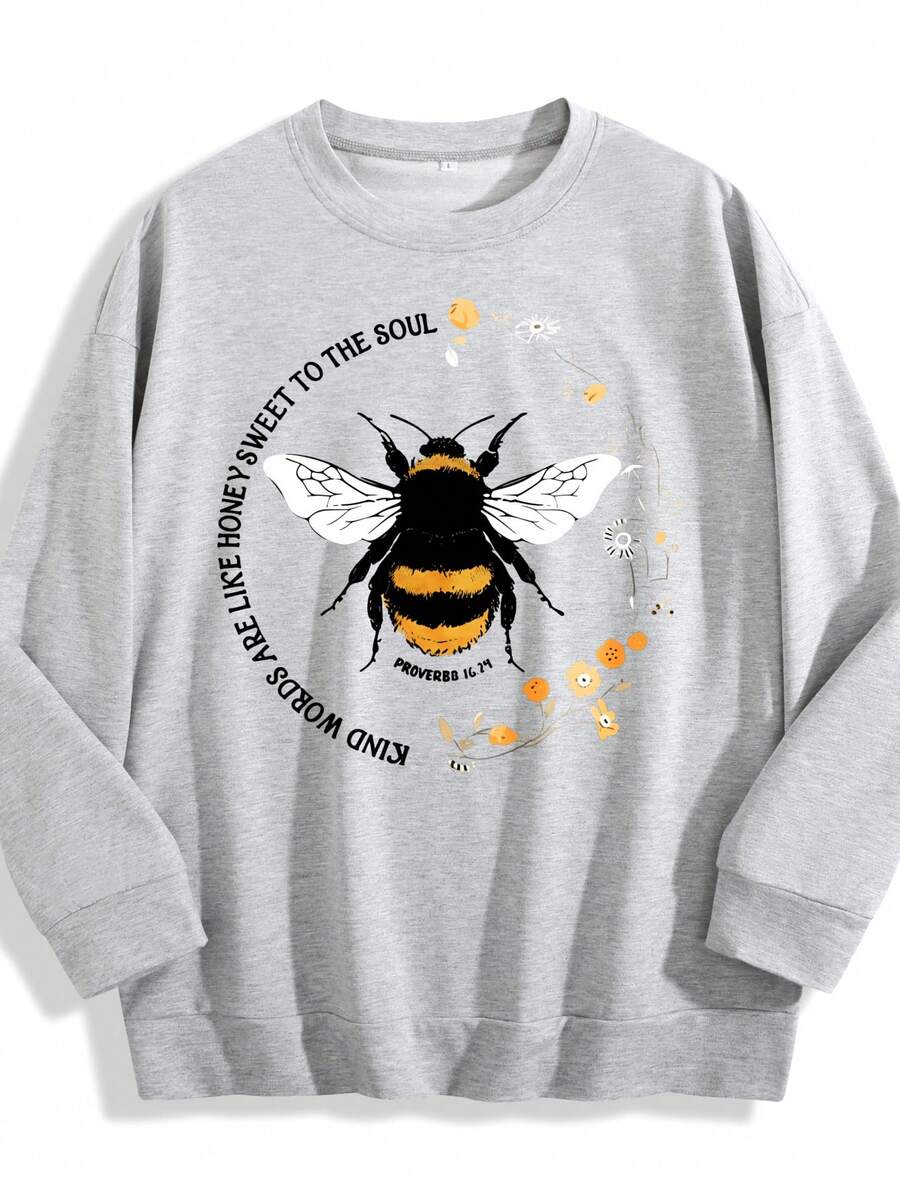 Bee Print Sweatshirt, Long Sleeve Crew Neck Casual Sweatshirt For Fall & Spring, Women's Clothing Christmas Outfit Women Christmas Sweatshirt Fall Clothes For Women Winter Clothes For Women Christmas Decor - 灰色 - 查看 1