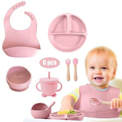 6 PZS Silicona Platos para Bebe, Set de Alimentación para Bebé, Sin ,Antideslizante, Fácil de Limpiar, Apto para Microondas, Regalos de Navidad para Bebé