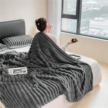1pc Large Striped Blanket, Wide Striped Cutout Faux Rabbit Fur, Milk Plush, Flannel Throw Blanket, Office Nap Blanket, Leisure Blanket, Sofa Blanket, Halloween Faux Fur Blanket, Faux Fleece Blanket - Dark Grey - View 6